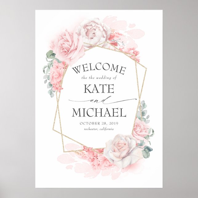 Poster Boas-vindas ao Casamento Floral Rosa e Blush (Frente)