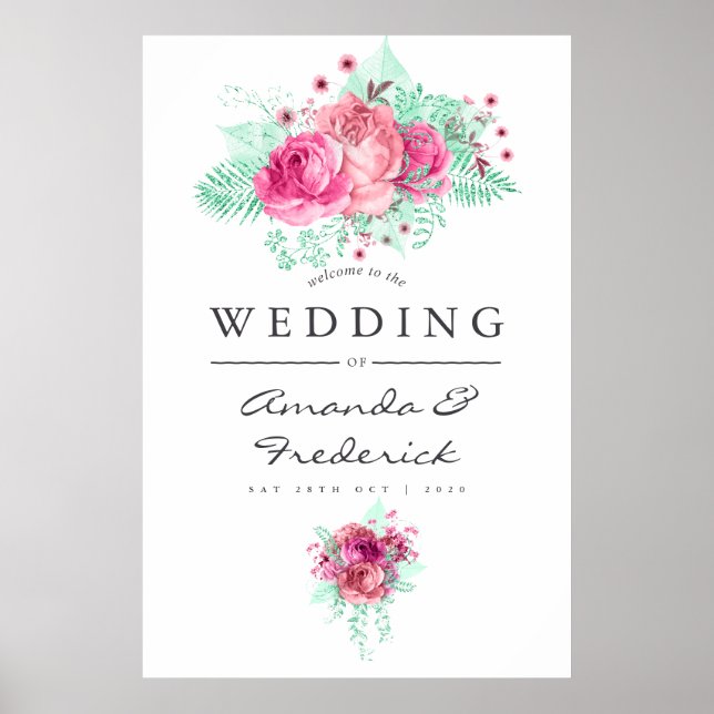 Poster Boas-vindas ao Casamento Floral Rosa e Mint (Frente)
