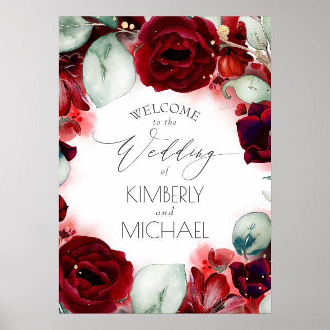 Poster Boas-vindas ao Casamento Floral Vermelho Burgundy (Frente)