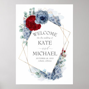 Poster Boas-vindas ao Casamento Floral Vermelho e Azul