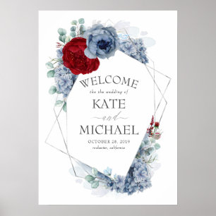 Poster Boas-vindas ao Casamento Floral Vermelho e Azul Du
