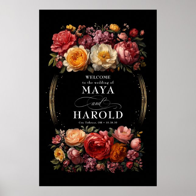 Poster Boas-vindas ao Casamento Negro Floral Botânico (Frente)