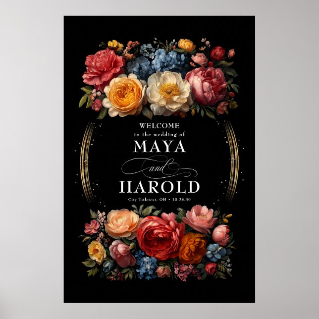 Poster Boas-vindas ao Casamento Negro Floral Botânico (Frente)
