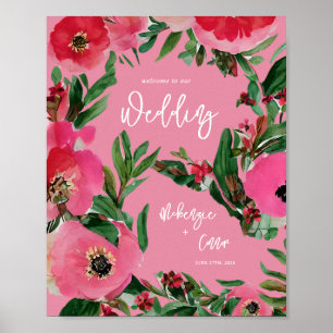 Poster Boas-vindas ao Casamento Rosa Anemone com Aquarela