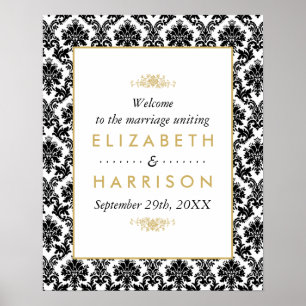 Poster Boas-vindas ao Casamento tema damasco Dourado, pre