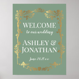 Poster Boas-vindas ao casamento verde com Rosas Dourados