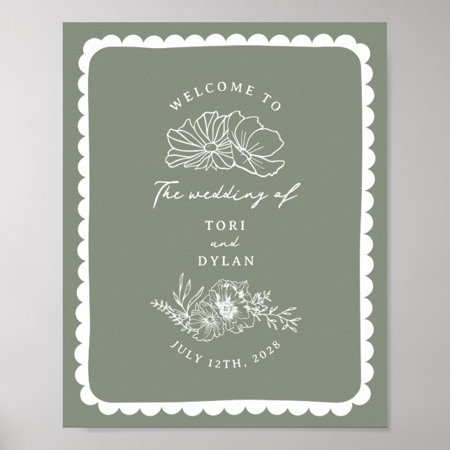 Poster Boas-vindas ao Casamento Verde Sage Floral Escalad (Frente)