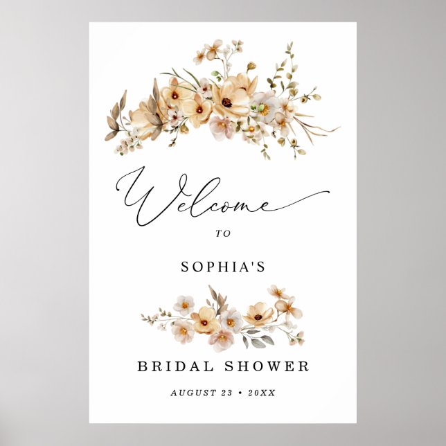 Poster Boas-vindas ao Chá de Bebê Beige Flores Silvestres (Frente)