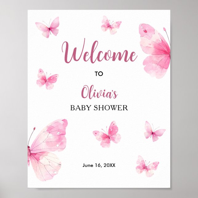 Poster Boas-vindas ao Chá de Bebê Borboleta Rosa (Frente)