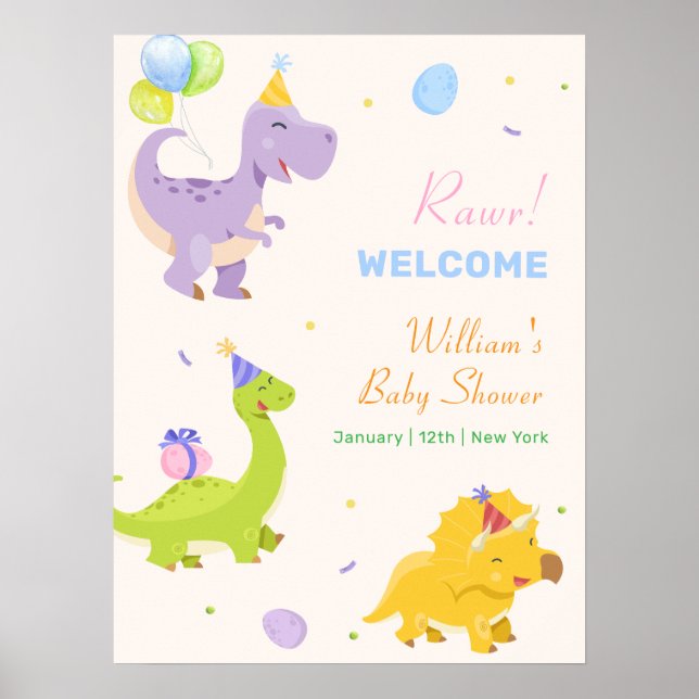 Poster Boas-vindas ao Chá de Bebê com Balão de Dinossauro (Frente)