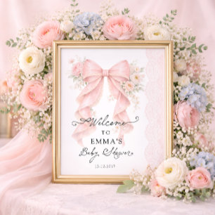 Poster Boas-vindas ao Chá de Bebê da Menina com Laço Rosa