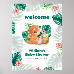 Poster Boas-vindas ao Chá de Bebê de Dinossauro Flor Trop