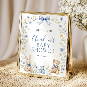 Poster Boas-vindas ao Chá de Bebê do Berçário Floral Azul