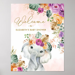 Poster Boas-vindas ao Chá de Bebê do Elefante Floral de O
