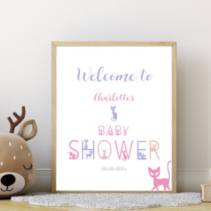 Poster Boas-vindas ao Chá de Bebê em Cores Pastel Gatinho