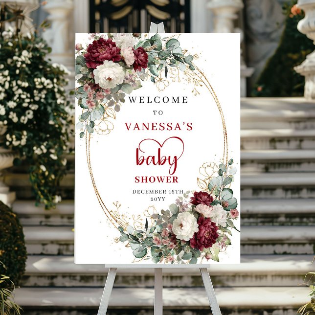Poster Boas-vindas ao Chá de Bebê Floral Boho Borgonha (Burgundy Floral Boho Greenery Baby Shower Welcome)