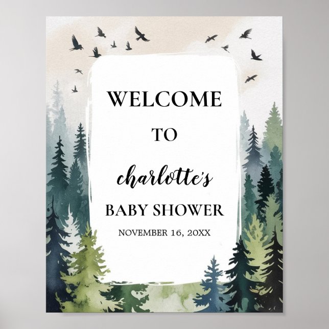 Poster Boas-vindas ao Chá de Bebê Floresta Montanhas Aven (Frente)
