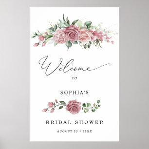Poster Boas-vindas ao Chá de Bebê Rosa Empoeirado Floral