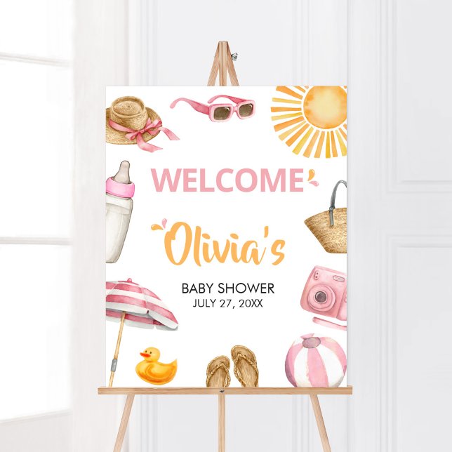 Poster Boas-vindas ao Chá de fraldas de apresentação rosa (Girl Summer Beach Baby Shower Welcome Sign)