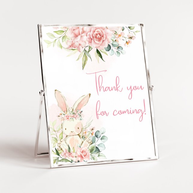 Poster Boas-vindas ao Chá de fraldas de coelho florido co (A Little Bunny Girl Baby Shower Thank you for Coming Sign)