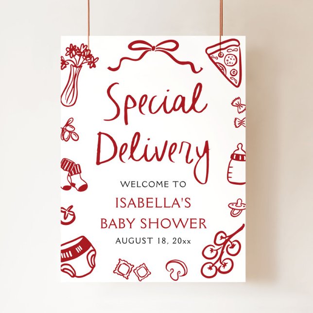 Poster Boas-vindas ao Chá de fraldas de entrega especial  (Hand drawn Italian Pizza Special Delivery Baby Shower Welcome)