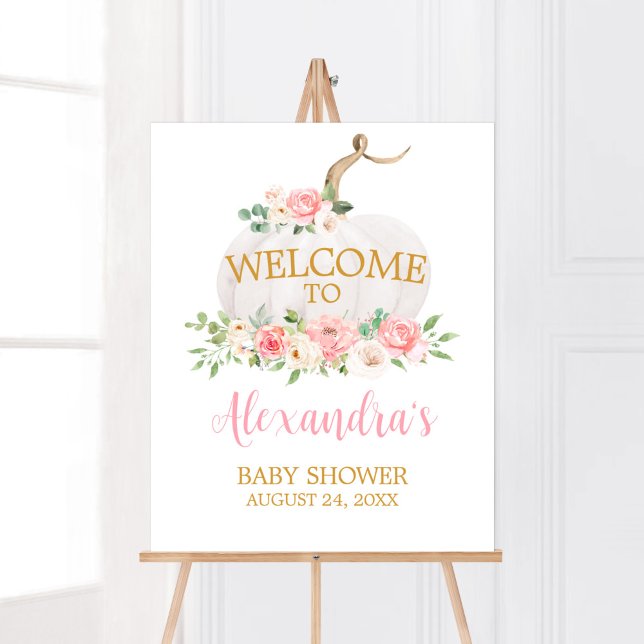 Poster Boas-vindas ao Chá de fraldas Floral Rosa Pumpkin (Girl Fall A Little Pumpkin Baby Shower Welcome Sign)