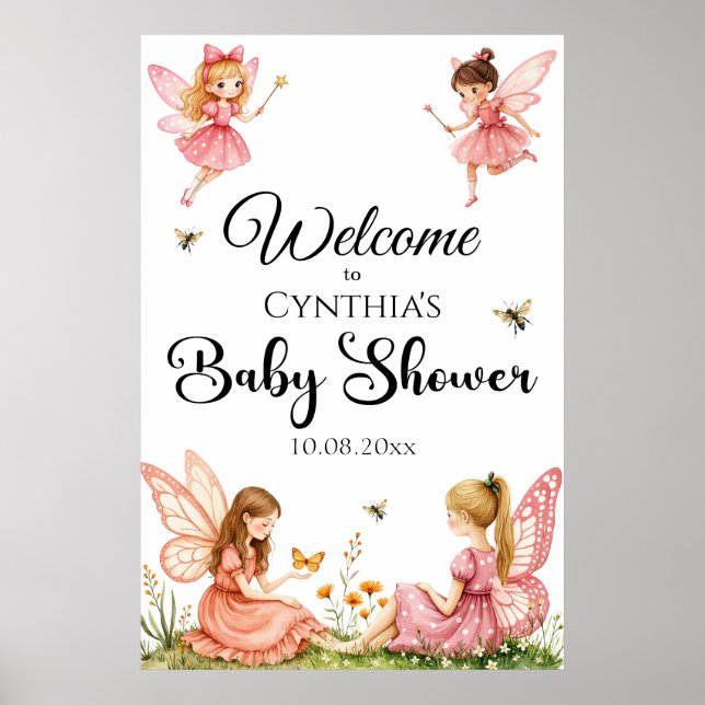 Poster Boas-vindas ao Chá de fraldas Pink Fairies (Frente)