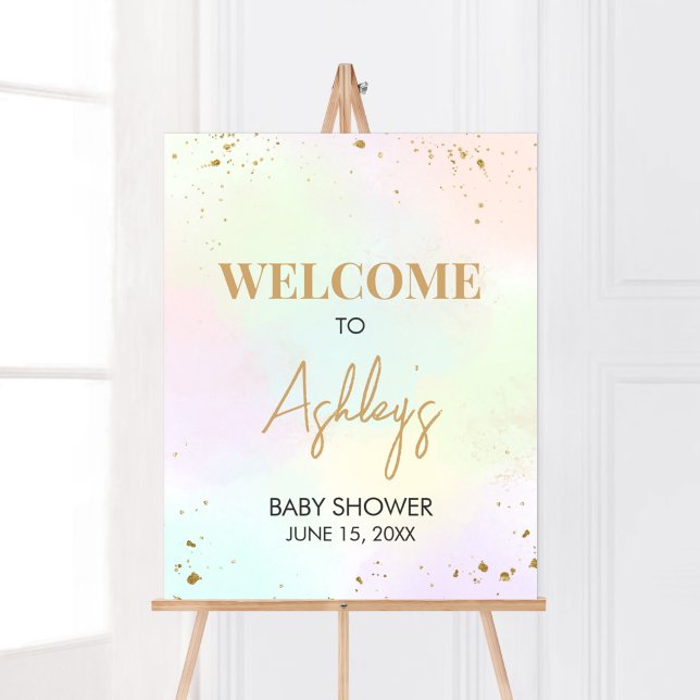Poster Boas-vindas ao Chá de fraldas Rainbow Watercolor (Pastel Gold Sprinkle Baby Shower Welcome Sign)