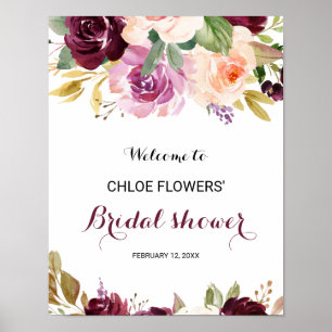 Poster Boas-vindas ao Chá de Noiva Floral Burgundy Blush 