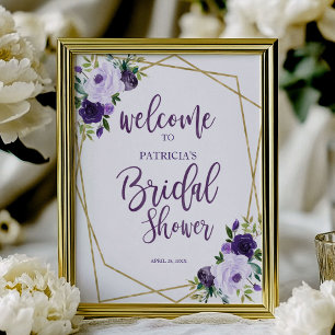 Poster Boas-vindas ao Chá de Noiva Floral Dourado Roxo