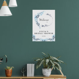 Poster Boas-vindas ao Chá de Noiva Floral Monograma Azul-