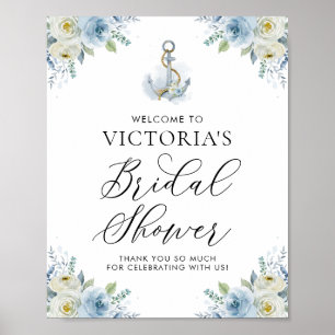 Poster Boas-vindas ao Chá de Noiva Floral Náutico Azul