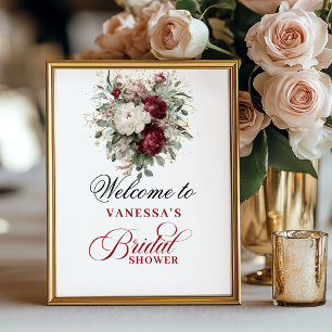 Poster Boas-vindas ao Chá de Noiva Floral Rosa Borgonha