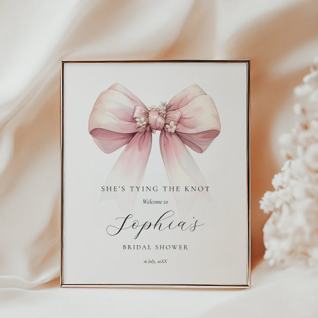 Poster Boas-vindas ao Chá de panela de Casando (shes tying the knot welcome poster pink bow feminine bridal shower coquette theme)