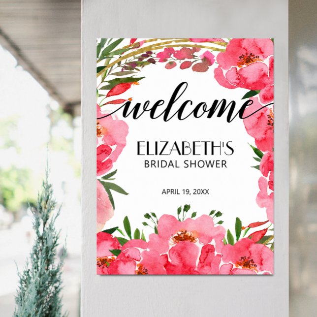 Poster Boas-vindas ao Chá de panela de Peonias Rosa de Aq (Pink Peony Flowers Bridal Shower Welcome Poster, PRINTED or INSTANT DOWNLOAD)