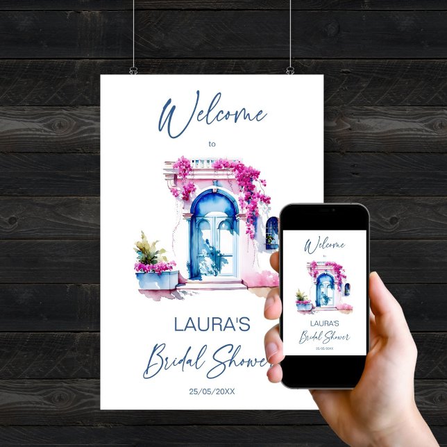 Poster Boas-vindas ao chá de panela do Mediterrâneo (Bougainvillea Mediterranean themed bridal shower template welcome sign Poster digital download)