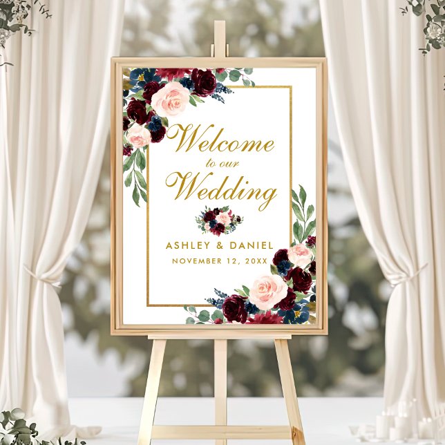Poster Boas-vindas ao Dourado Casamento Floral Azul Burgu (Customize to change text color, text size, text style or size of poster.)
