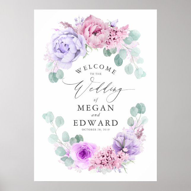 Poster Boas-vindas ao Dusty Purple e ao Casamento Floral  (Frente)