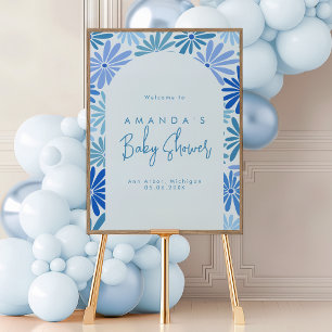 Poster Boas-vindas ao Groovy Floral Retro Azul e Teal