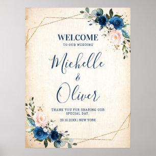 Poster Boas-vindas ao marinho Blue Blush Pink Florals