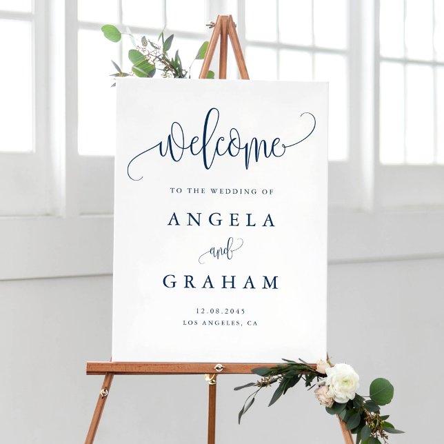 Poster Boas-vindas ao Marinho da Caligrafia bonito (Pretty Calligraphy Navy Blue Wedding Welcome Poster)