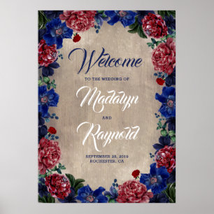 Poster Boas-vindas ao marinho e Burgundy Floral Rustic