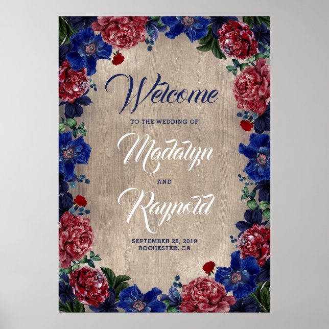 Poster Boas-vindas ao marinho e Burgundy Floral Rustic (Frente)