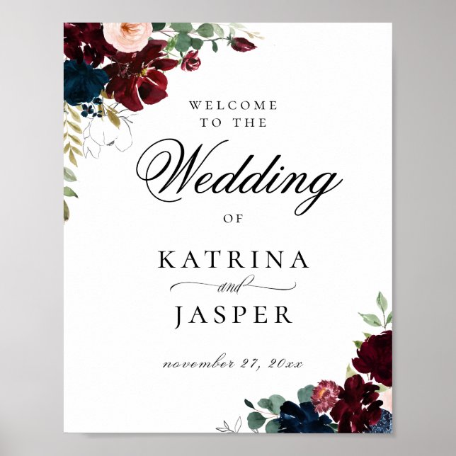 Poster Boas-vindas ao Marinho Floral Burgundy Blush (Frente)