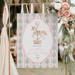 Poster Boas-vindas ao Primeiro Aniversário Rosa Carousel