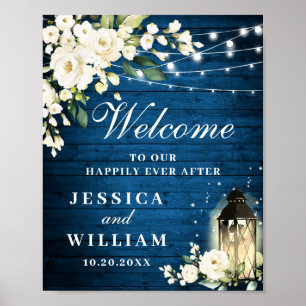 Poster Boas-vindas ao Rosa Floral de Madeira Azul e Blush