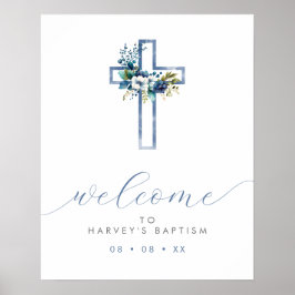 Poster Boas-vindas ao Script Moderno Blue Floral Cross
