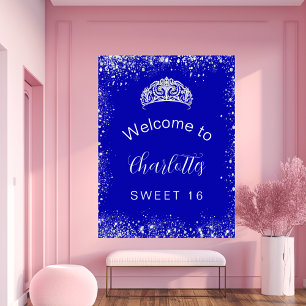Poster Boas-vindas ao Sweet 16 azul real com brilho prate