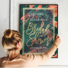 Poster Boas-vindas ao Tropical Floral Dourado Frame Chá d