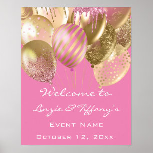 Poster Boas-vindas Ballons Dourados de Aniversário Rosa